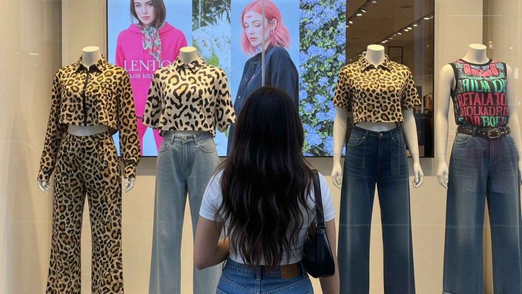 Joven mirando la vitrina de una tienda de retail, frustrada porque no hay nada que represente su estilo pripio en la moda. Imagen realizada con inteligencia artificial.