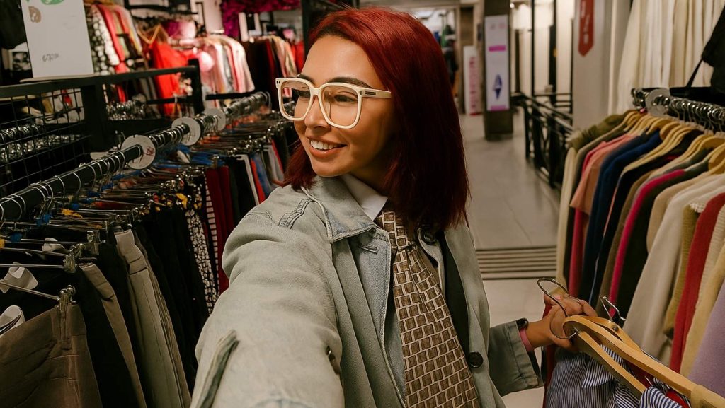 Imagen original del Instagram @valeisi_. Joven sacándose una selfie en tienda de segunda mano, con prendas en la mano. Permiso de uso entregado por la dueña de la cuenta. Imagen modificada con Chat GPT el 10 de septiembre de 2025 con el prompt: "Quiero esta foto en horizontal y sin texto". Imagen representativa de las tiendas de segunda mano en Chile.