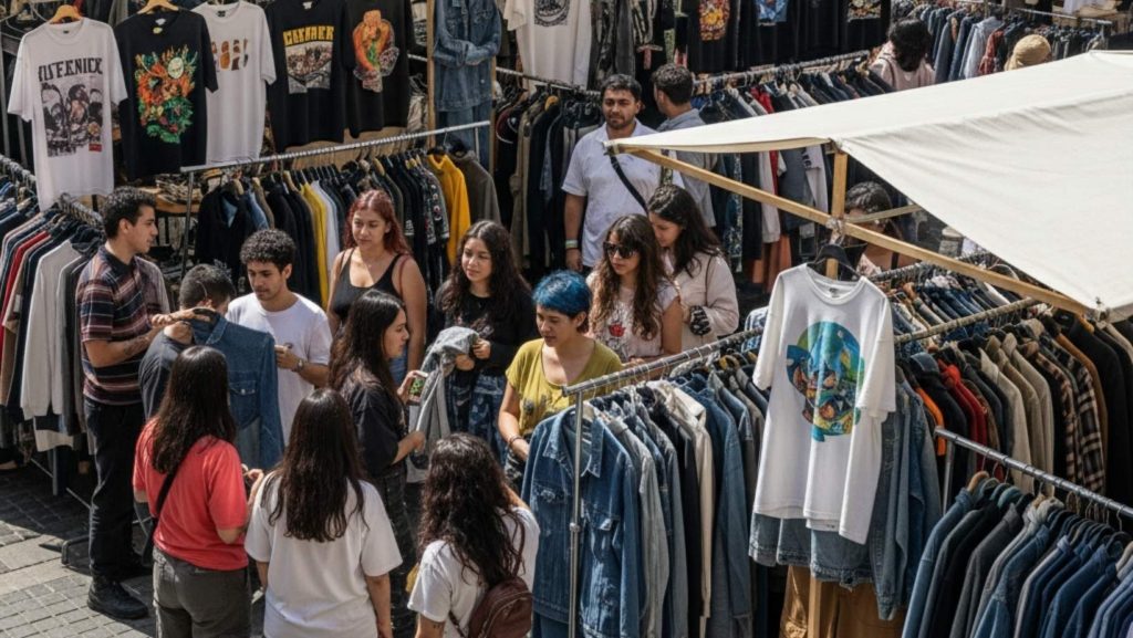 Imagen representativa de un evento de moda en Chile, estilo feria con gente. Imagen generada con Gemini el 5 de septiembre de 2025 por Francisca Ruiz.