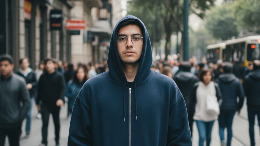 Imagen creada con IA Gemini el 11 de noviembre de 2025 por Francisca Ruiz, fundadora de Blog de Cero. Imagen representando marca emergente. Hombre con hoodie en calle de Providencia.