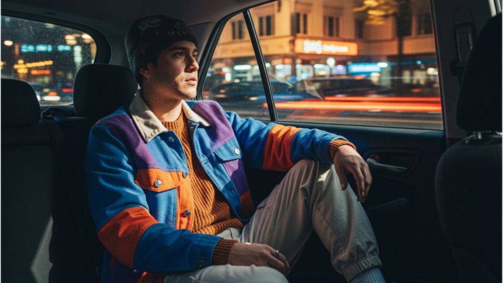 Pasajera en el asiento trasero de uber pensando en la moda como expresión personal. Imagen creada con Gemini el 17 de noviembre del 2025 por Francisca Ruiz.