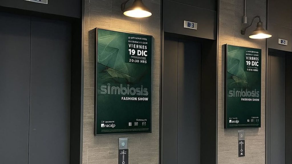 Carteles de desfile INACAP 2025 "Simbiosis" en MUT. Imagen del Instagram @simbiosis_fashionshow. Permiso de uso entregado por el equipo del desfile.
