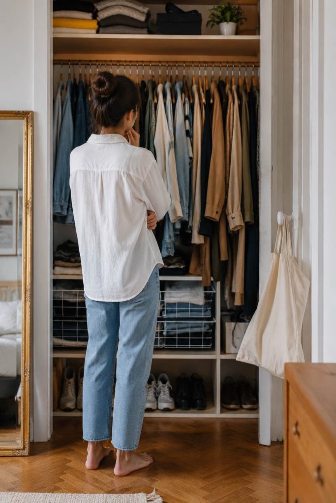 Imagen referencial de mujer eligiendo ropa en su clóset. Creada con ChatGPT Pro el 2 de agosto del 2026 por Francisca Ruiz, fundadora de Blog de Cero.