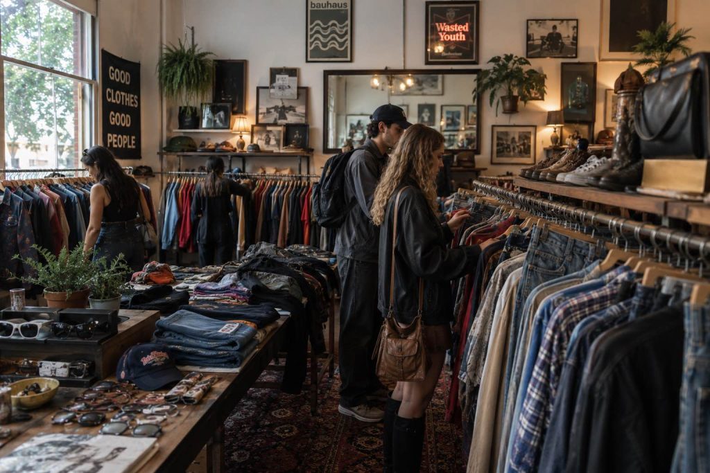 Imagen referencial de tienda vintage. Creada con ChatGPT Pro el 2 de agosto del 2026 por Francisca Ruiz, fundadora de Blog de Cero.
